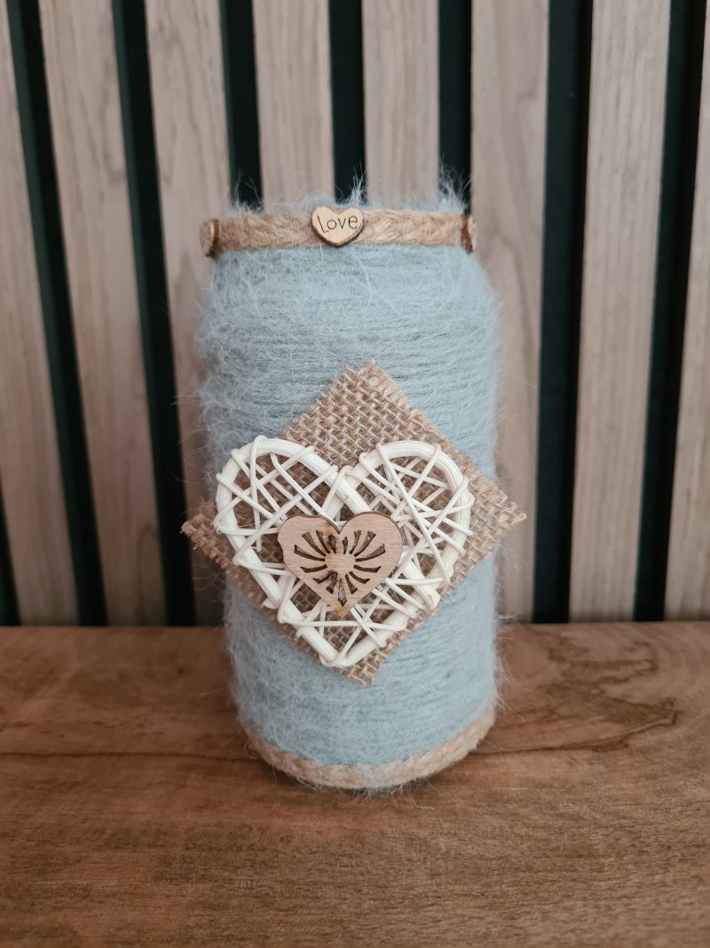 Upcycled Glass Jar Wrapped in Sage Green Cashmere Yarn with Jute Trim