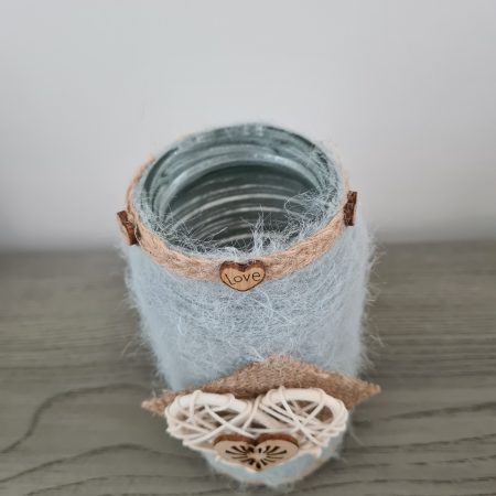 Upcycled Glass Jar Wrapped in Sage Green Cashmere Yarn with Jute Trim
