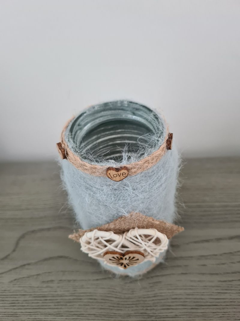 Upcycled Glass Jar Wrapped in Sage Green Cashmere Yarn with Jute Trim