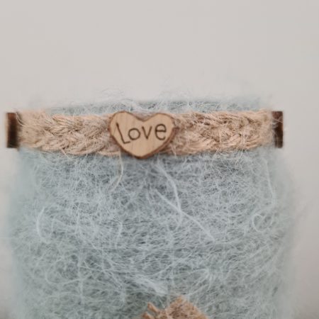 Upcycled Glass Jar Wrapped in Sage Green Cashmere Yarn with Jute Trim