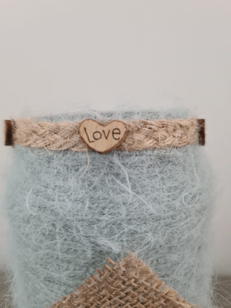 Upcycled Glass Jar Wrapped in Sage Green Cashmere Yarn with Jute Trim