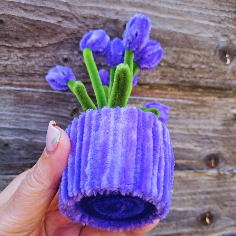 Handmade Faux Purple Tulips Crafted from Pipe Cleaners in a Charming Pot