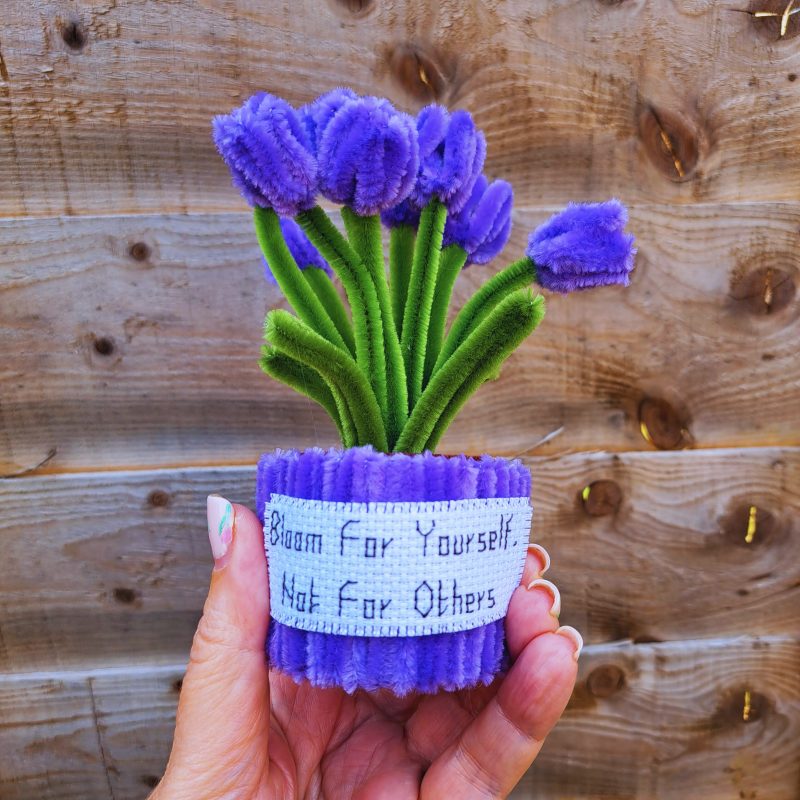 Handmade Faux Purple Tulips Crafted from Pipe Cleaners in a Charming Pot