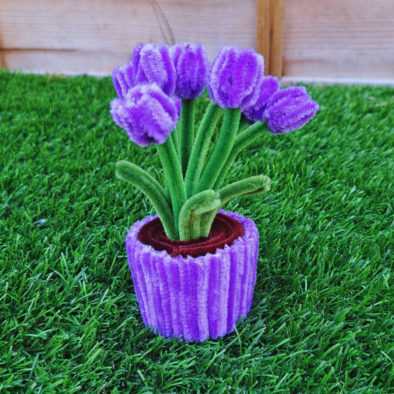 Handmade Faux Purple Tulips Crafted from Pipe Cleaners in a Charming Pot