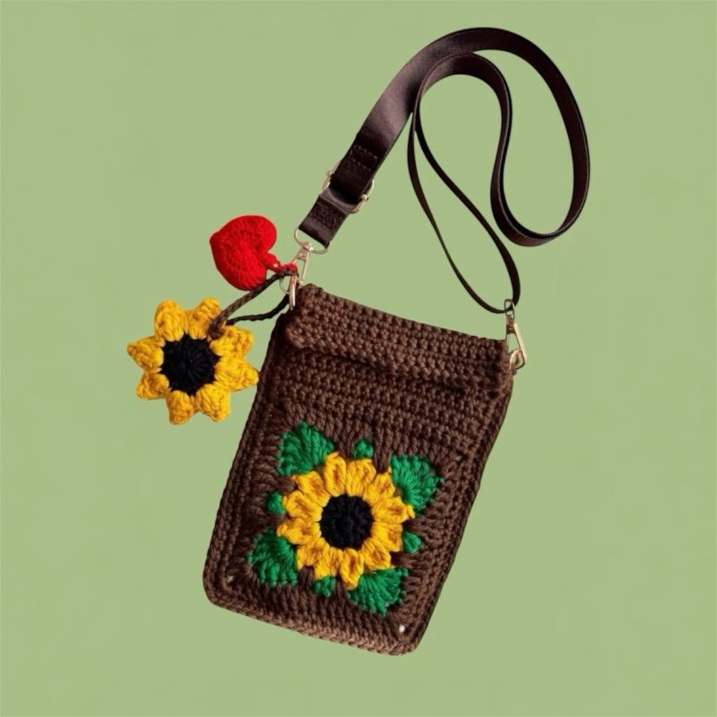 Handmade Sunflower Crochet Crossbody Bag with Removable Charms