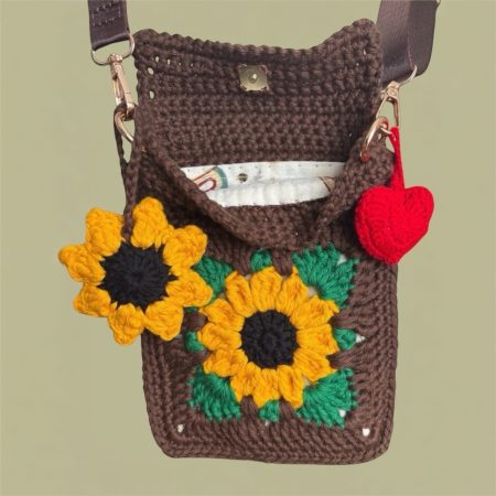 Handmade Sunflower Crochet Crossbody Bag with Removable Charms