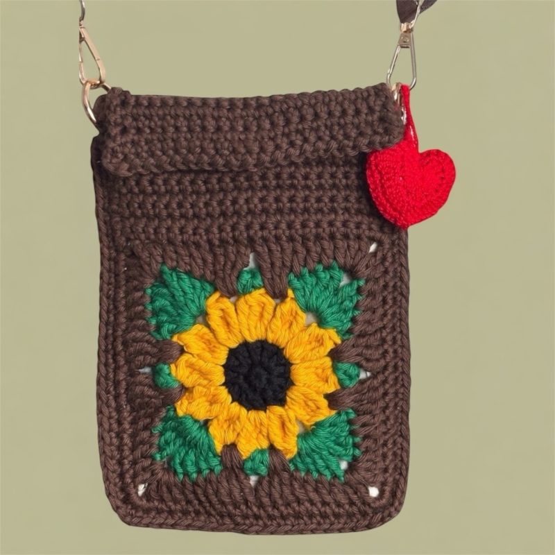 Handmade Sunflower Crochet Crossbody Bag with Removable Charms