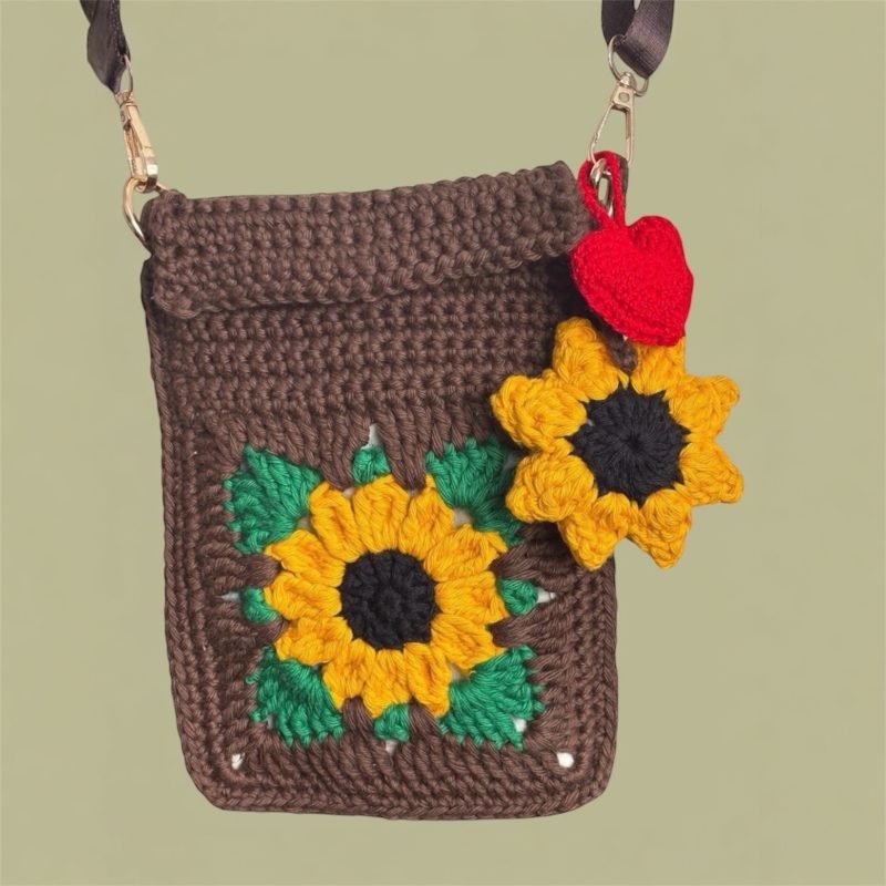 Handmade Sunflower Crochet Crossbody Bag with Removable Charms