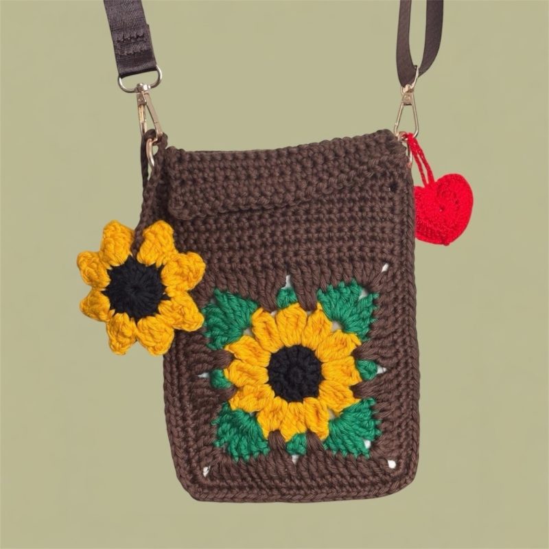 Handmade Sunflower Crochet Crossbody Bag with Removable Charms