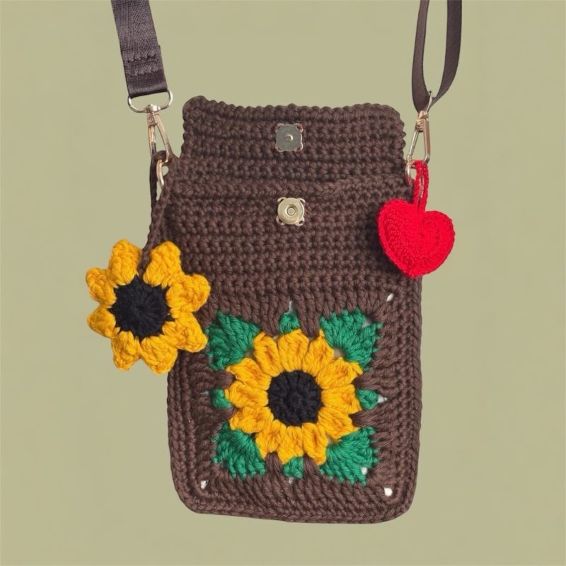 Handmade Sunflower Crochet Crossbody Bag with Removable Charms