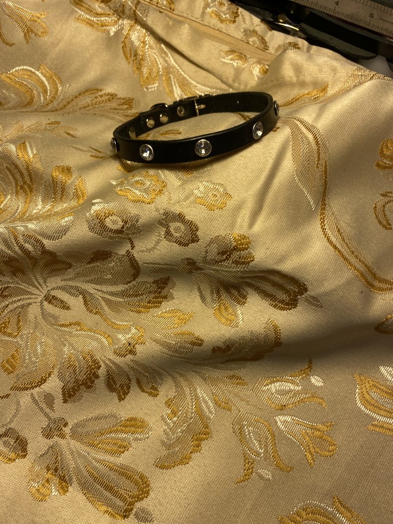 Dog collar italian black leather and white crystals for small dog
