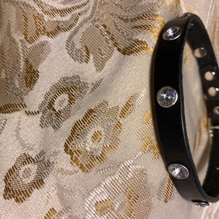 Dog collar italian black leather and white crystals for small dog