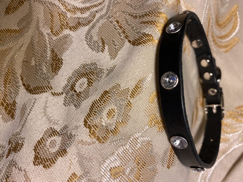 Dog collar italian black leather and white crystals for small dog