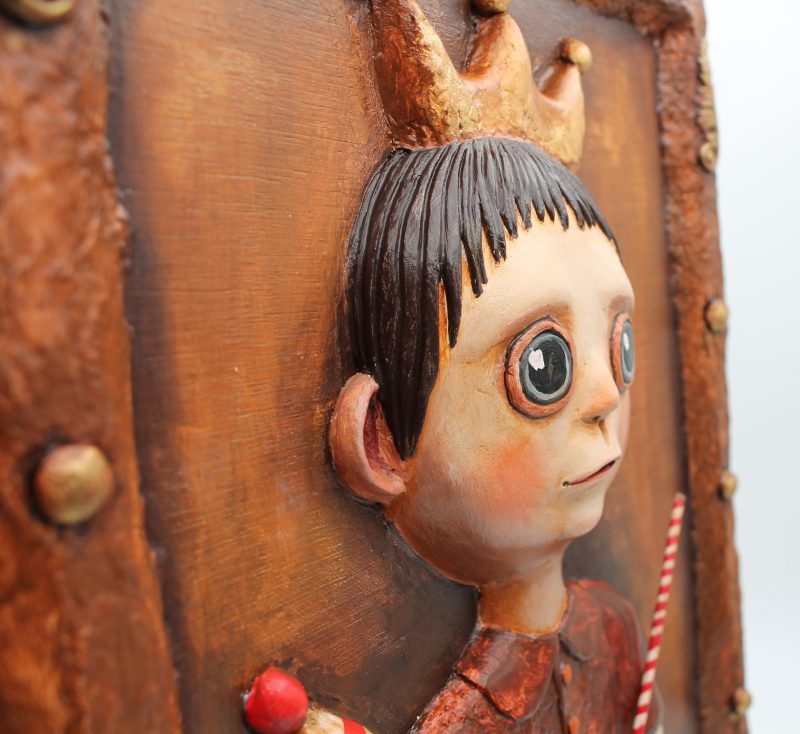 OOAK 3D Relief Portrait, Paper Clay & Air-Dry Clay, 30x42 cm, Warm Brown Gothic Wall Art
