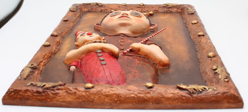 OOAK 3D Relief Portrait, Paper Clay & Air-Dry Clay, 30x42 cm, Warm Brown Gothic Wall Art