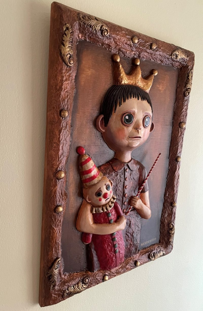 OOAK 3D Relief Portrait, Paper Clay & Air-Dry Clay, 30x42 cm, Warm Brown Gothic Wall Art
