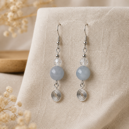 Aquamarine Spiral Drop Earrings – Soft Blue Crystal, Minimal Handmade Jewellery