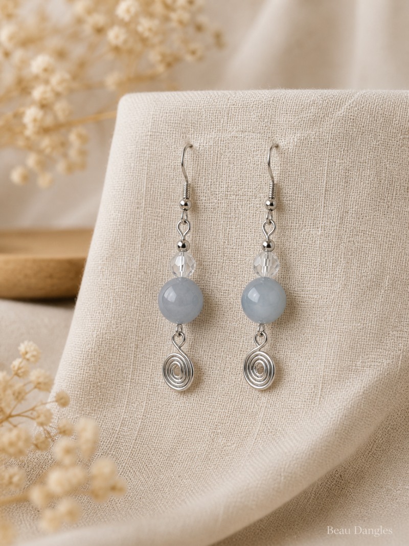 Aquamarine Spiral Drop Earrings – Soft Blue Crystal, Minimal Handmade Jewellery