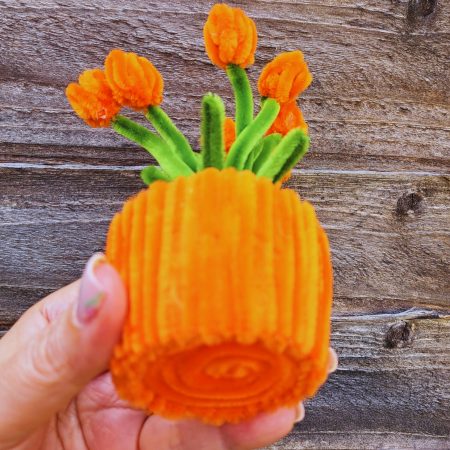 Handmade Faux Orange Tulips Crafted from Pipe Cleaners in a Charming Pot