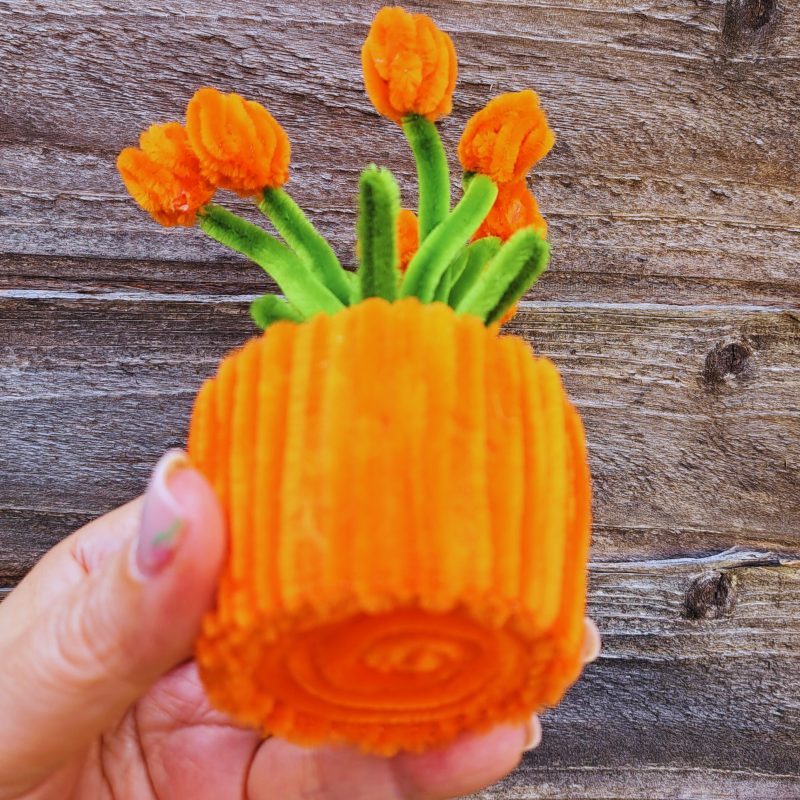 Handmade Faux Orange Tulips Crafted from Pipe Cleaners in a Charming Pot