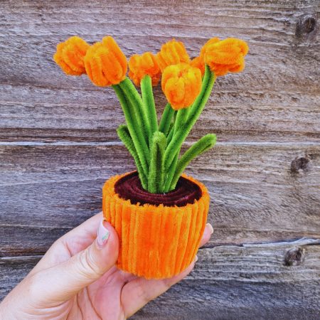 Handmade Faux Orange Tulips Crafted from Pipe Cleaners in a Charming Pot