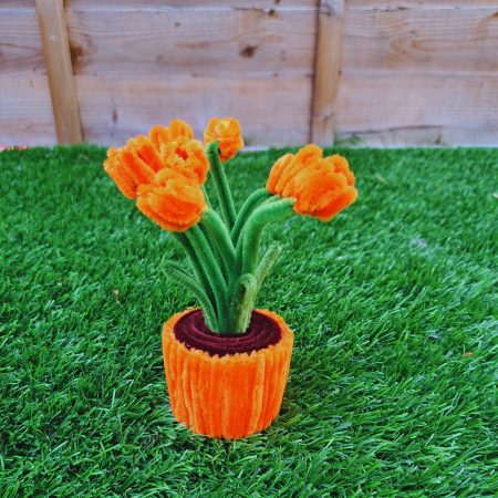Handmade Faux Orange Tulips Crafted from Pipe Cleaners in a Charming Pot