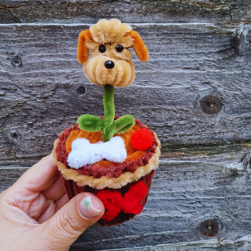 Funny Dog Lover Gift, Pipe Cleaner Pot and Dog Head Flower