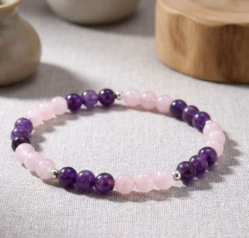 Rose Quartz, Amethyst and Sterling Silver Bracelet