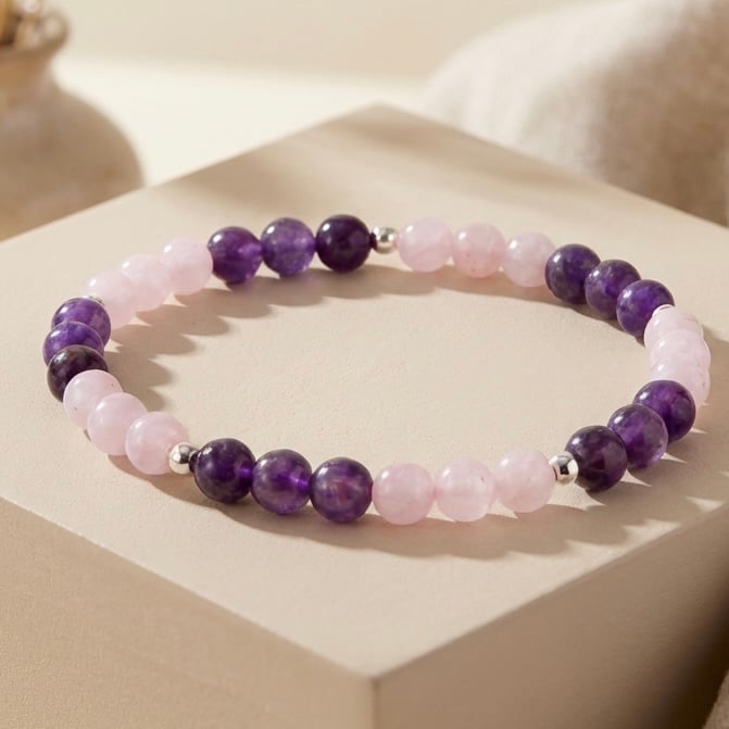 Rose Quartz, Amethyst and Sterling Silver Bracelet