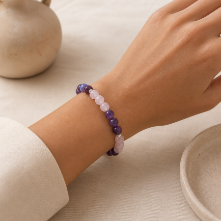 Rose Quartz, Amethyst and Sterling Silver Bracelet