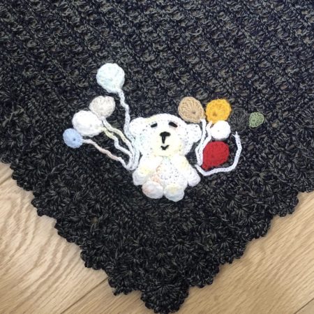 Handmade Crochet Baby Blanket with Teddy Bear & Balloon Appliqué - Variegated Blue