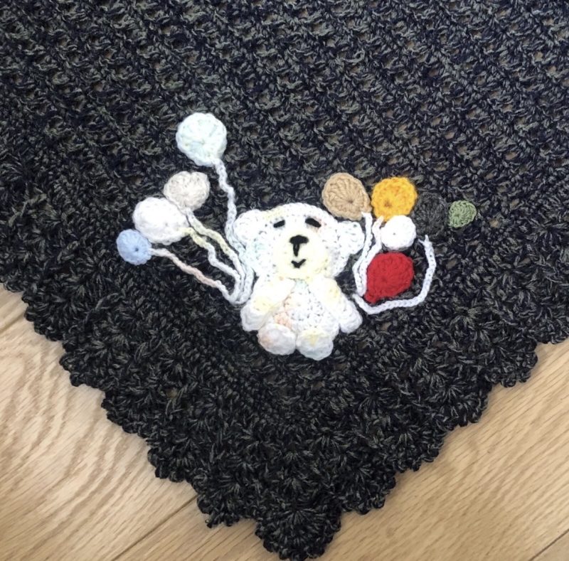 Handmade Crochet Baby Blanket with Teddy Bear & Balloon Appliqué - Variegated Blue