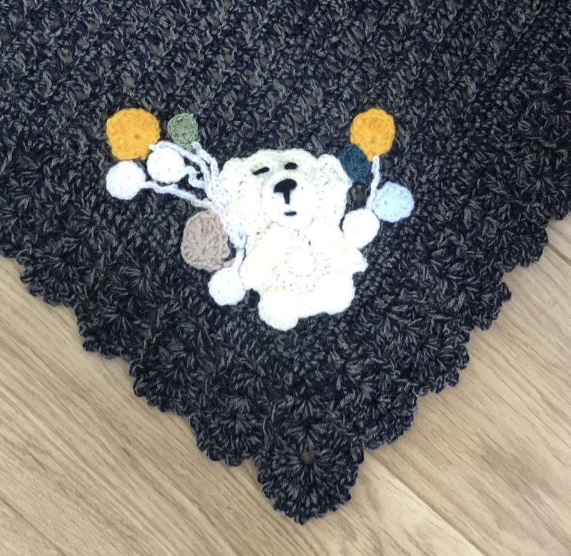 Handmade Crochet Baby Blanket with Teddy Bear & Balloon Appliqué - Variegated Blue