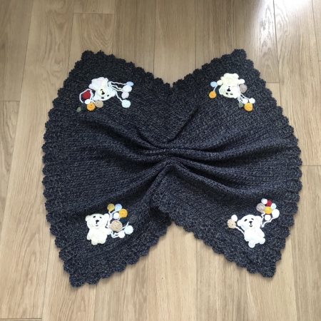 Handmade Crochet Baby Blanket with Teddy Bear & Balloon Appliqué - Variegated Blue