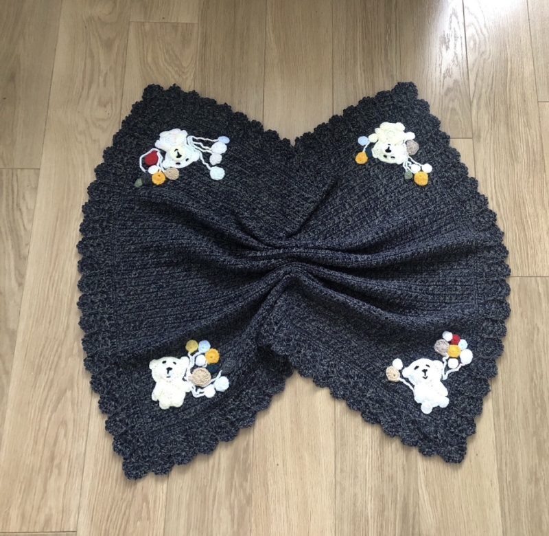 Handmade Crochet Baby Blanket with Teddy Bear & Balloon Appliqué - Variegated Blue