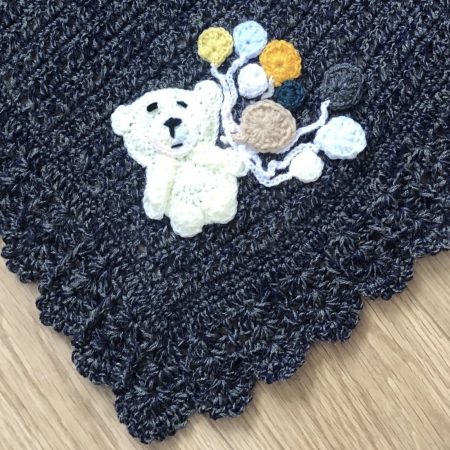 Handmade Crochet Baby Blanket with Teddy Bear & Balloon Appliqué - Variegated Blue