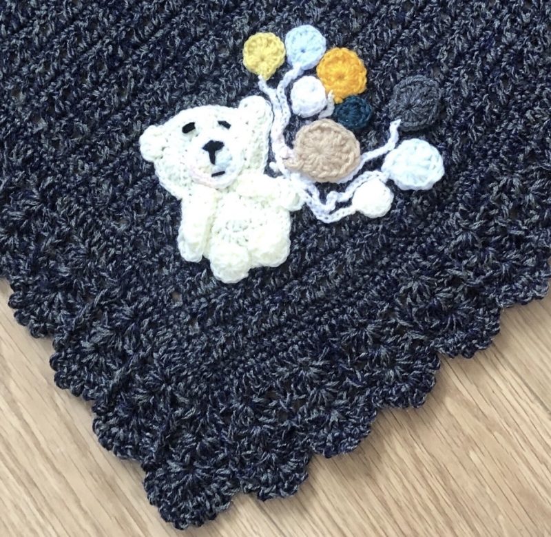 Handmade Crochet Baby Blanket with Teddy Bear & Balloon Appliqué - Variegated Blue