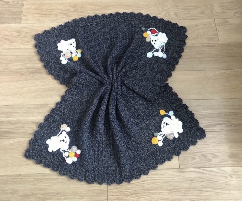 Handmade Crochet Baby Blanket with Teddy Bear & Balloon Appliqué - Variegated Blue