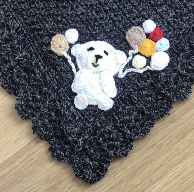 Handmade Crochet Baby Blanket with Teddy Bear & Balloon Appliqué - Variegated Blue