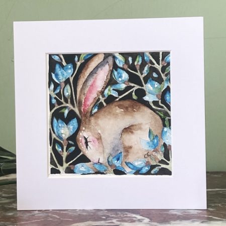 ACEO Mounted Original resting Hare / Rabbit with Pink Flowers Watercolour
