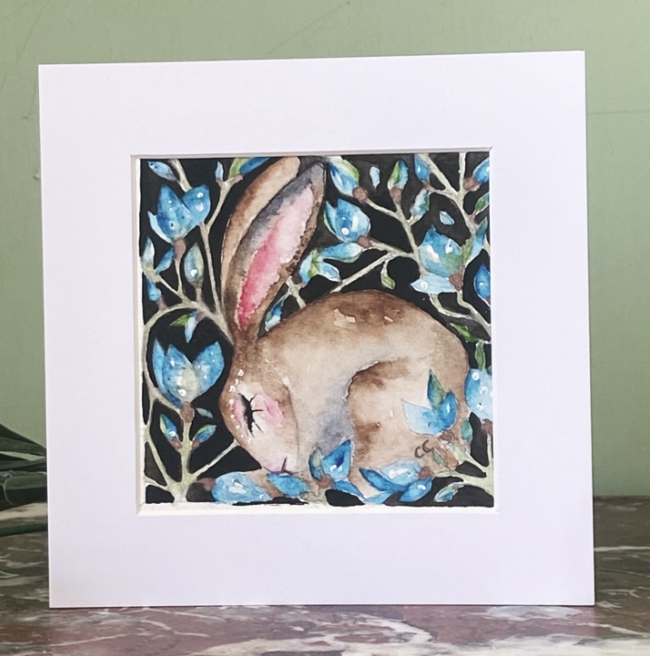 ACEO Mounted Original resting Hare / Rabbit with Pink Flowers Watercolour