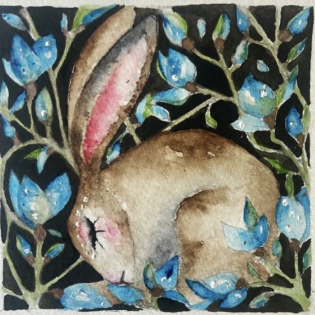 ACEO Mounted Original resting Hare / Rabbit with Pink Flowers Watercolour