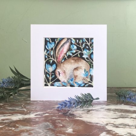 ACEO Mounted Original resting Hare / Rabbit with Pink Flowers Watercolour