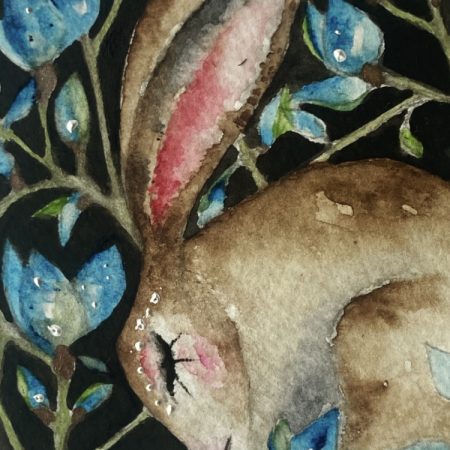ACEO Mounted Original resting Hare / Rabbit with Pink Flowers Watercolour