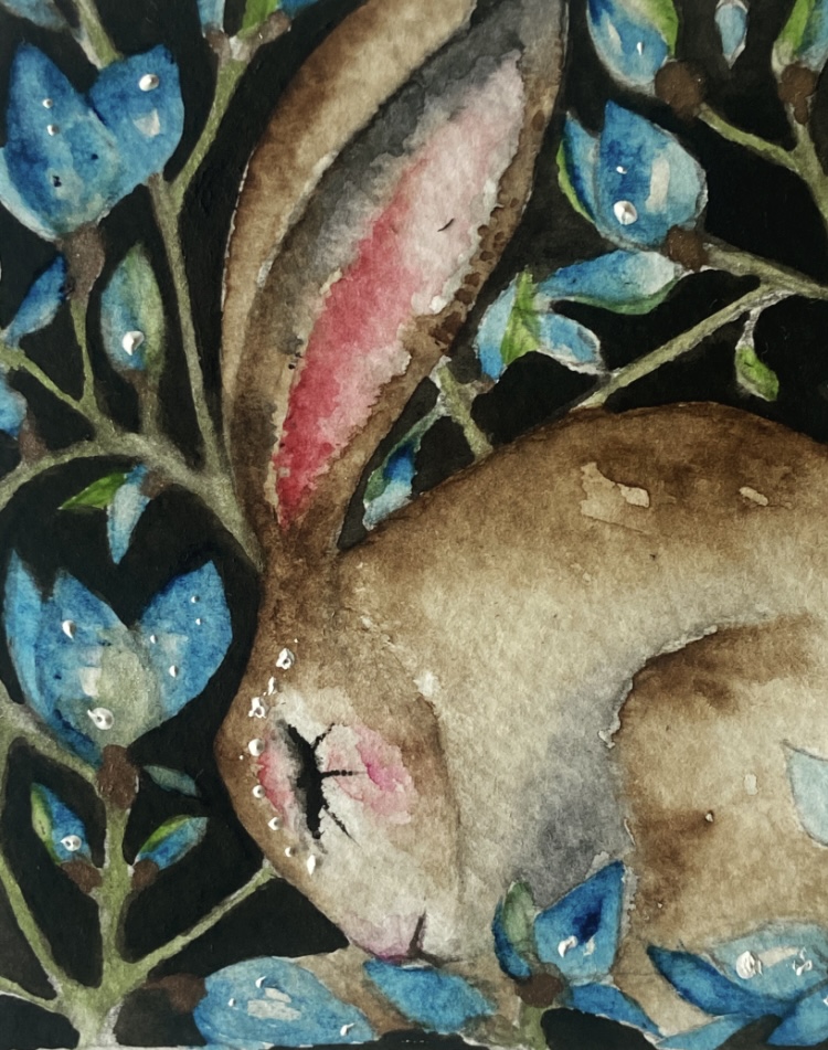 ACEO Mounted Original resting Hare / Rabbit with Pink Flowers Watercolour