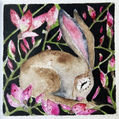 ACEO Mounted Original resting Hare / Rabbit with Blue Flowers