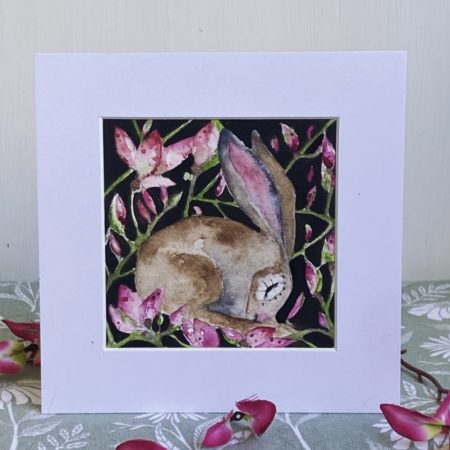 ACEO Mounted Original resting Hare / Rabbit with Blue Flowers