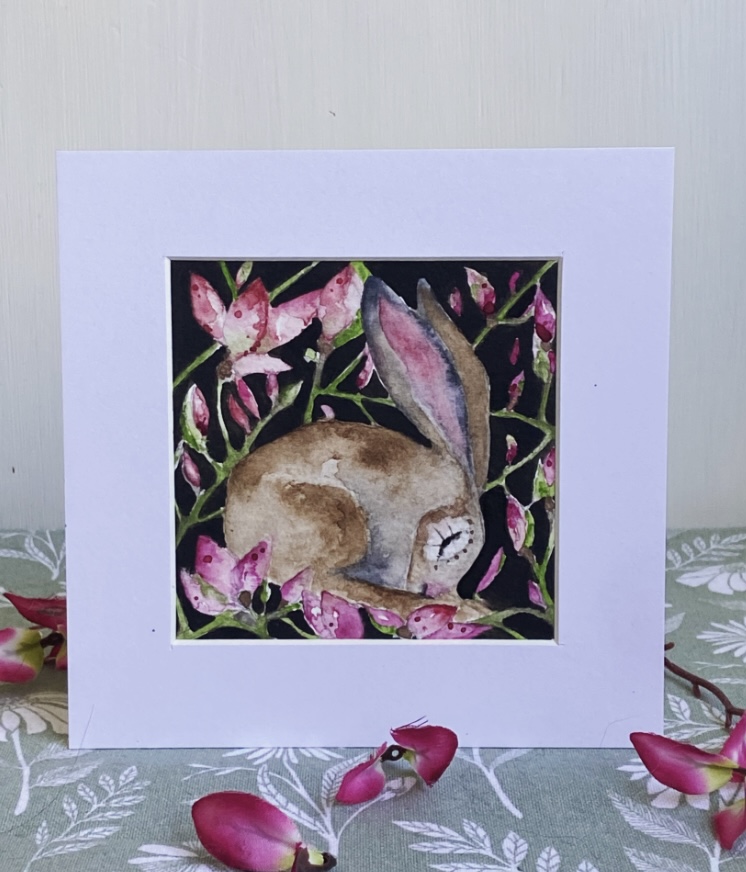 ACEO Mounted Original resting Hare / Rabbit with Blue Flowers