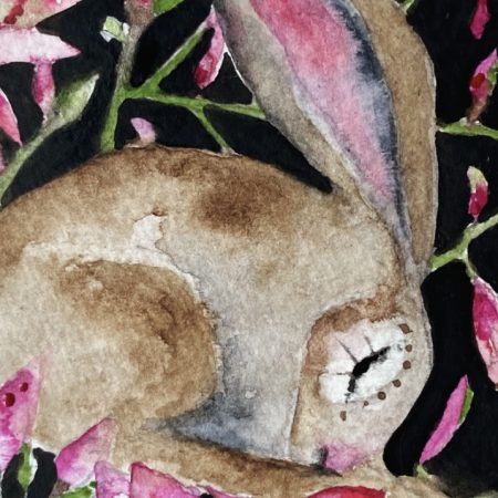 ACEO Mounted Original resting Hare / Rabbit with Blue Flowers
