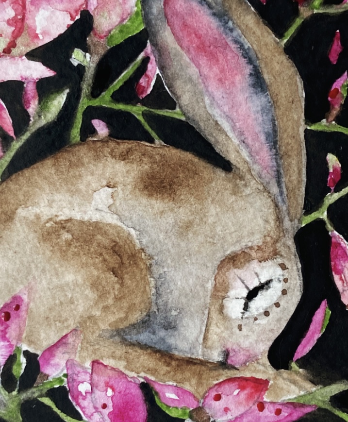 ACEO Mounted Original resting Hare / Rabbit with Blue Flowers